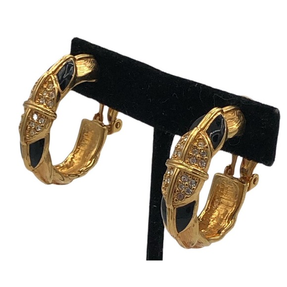 Swarovski Brand Gold Plated Black Enamel Clear Crystal Hoop Clip-On Earrings - Picture 3 of 9